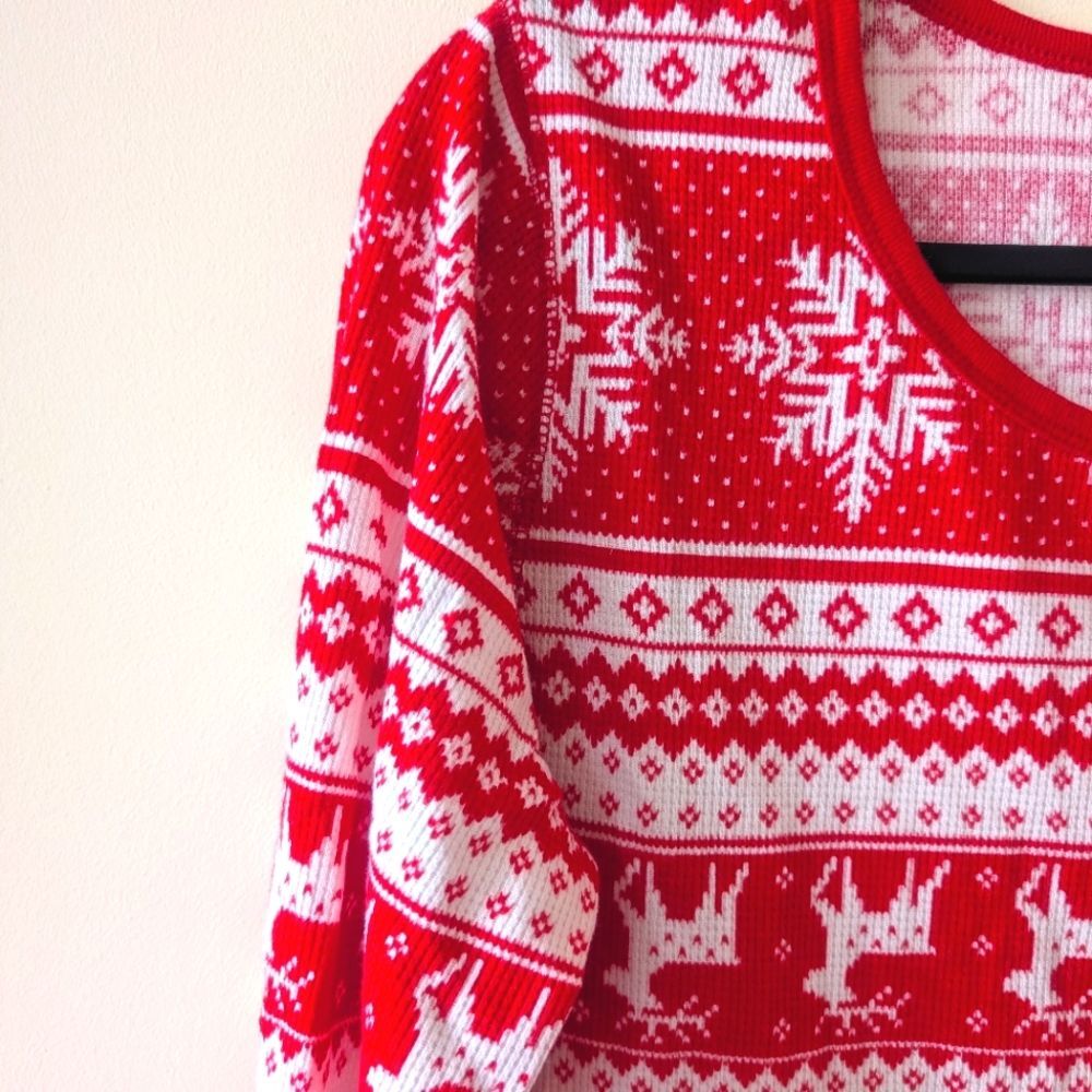 Old Navy Red Fair Isle Reindeer Thermal Knit Waffle Tee Shirt Top XL Tall - Picture 5 of 6